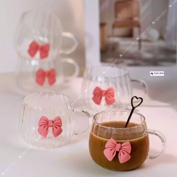 pookie glass cup (2) Cute Glass Cup with Pink Bow β 400ml Ribbed Cup for Coffee, Tea & Milk βππ