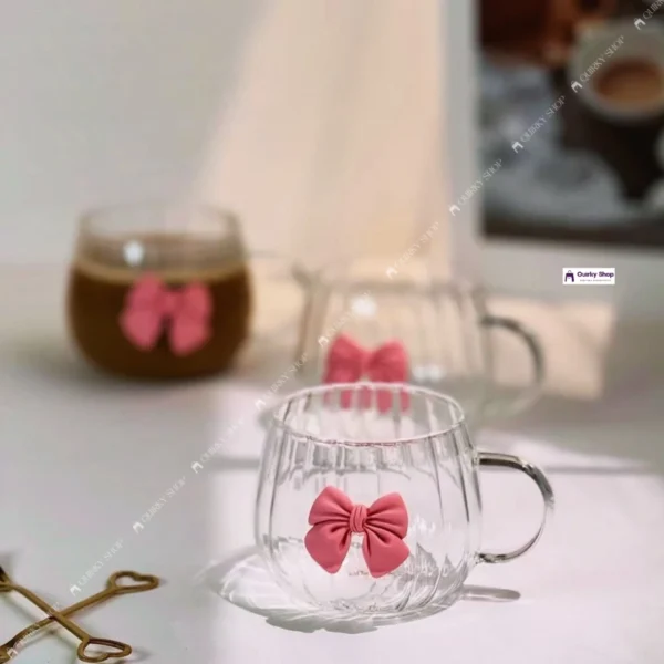 pookie glass cup (4) Cute Glass Cup with Pink Bow β 400ml Ribbed Cup for Coffee, Tea & Milk βππ